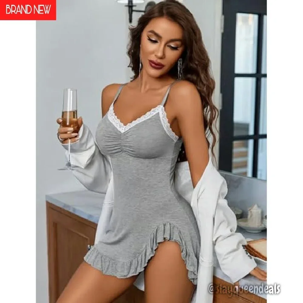 Sexy Modal Babydoll Chemise Nightgown with Side Slit Spaghetti Strap
